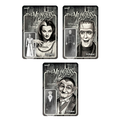 Super7 The Munsters ReAction Figure - Grayscale Set of 3 Packaging Urban Attitude