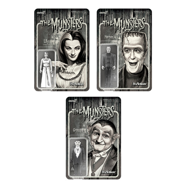 Super7 The Munsters ReAction Figure - Grayscale Set of 3 Packaging Urban Attitude